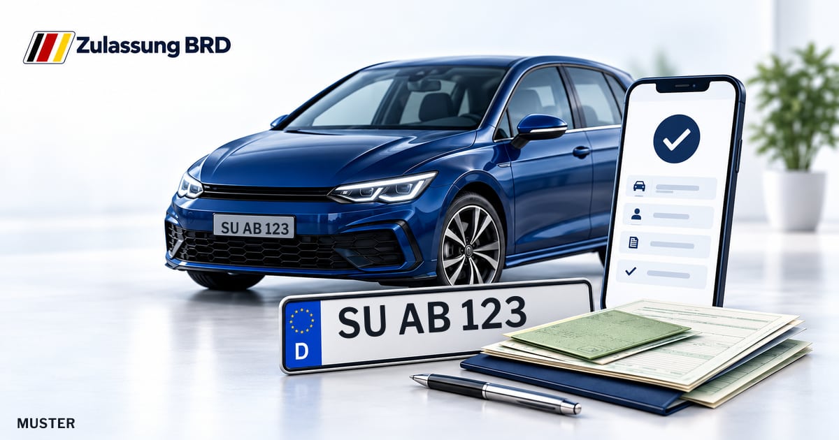 Online Fahrzeugzulassung in Siegburg: Musterkennzeichen SU AB 123, Auto und Fahrzeugpapiere und Smartphone. Illustration mit Logo von Zulassung BRD.